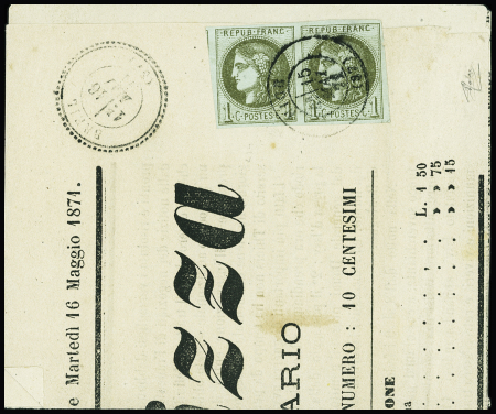 N°39 en paire, obl T17 Nice (15 mai 71) sur manchette du journal "Il pensiero di Nizza" avec CAD d'arrivée T24 de Breil. TB. Certificat