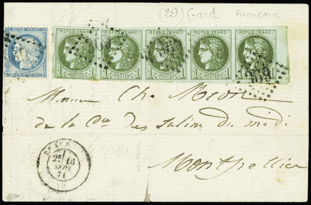 N°37 + 39, bande de 5 obl GC 369 + T17 Beaucaire (16 sept 71) sur lettre pour Montpellier, cote Y&T 1600€