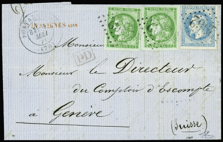 N°29 + 42, 2 pièces obl GC 29962 + T17 "Pontanevaux (70)" (mai 1871) sur lettre. TB