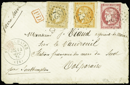 N°28 + 48 + 49 obl GC 3823 + T17 "St Porchaire (16)" (1871) sur lettre pour J.Viaud, aspirant de marine sur le Vauvreuil à Valparaiso