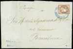 N°49 obl cachet 2 cercles bleus "ADMON DE CAMBIO Barcelona 3 Ctos" (1871) sur lettre de Marseille pour Barcelone. Rr et TB, signé Calves