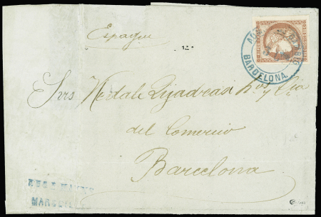 N°49 obl cachet 2 cercles bleus "ADMON DE CAMBIO Barcelona 3 Ctos" (1871) sur lettre de Marseille pour Barcelone. Rr et TB, signé Calves