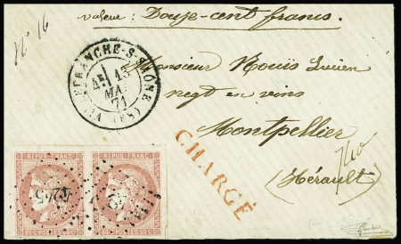 N°49 en paire obl PC du GC 4245 + T17 Villefranche-s-Saône (68)" (mai 1871) sur une petite lettre  chargée (VD 1200F). TB