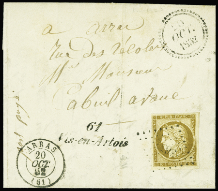 N°1, 10c bistre-jaune obl PC 3657 + T15 Arras (1852) + cursive "61 Vis en Artois" + dateur B sur lettre. TB