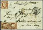 N°6, 1F carmin, paire + 1 pièce (1 ex leg touché) obl grille sans fin + CAD "Paris (60)" (1851) sur lettre pour Puebla (Mexique) avec arrivée Vera Cruz