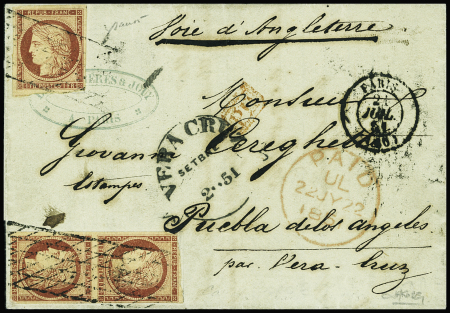 N°6, 1F carmin, paire + 1 pièce (1 ex leg touché) obl grille sans fin + CAD "Paris (60)" (1851) sur lettre pour Puebla (Mexique) avec arrivée Vera Cruz