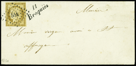 N°1, 10c bistre-jaune, obl PC 544 + cursive "11 Broquiès" sur lettre, signé Calves. TB