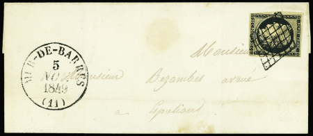 N°3 obl grille + T13 "Mur-de-Barres (11)" (1849) sur lettre, ind 23. RR et TB