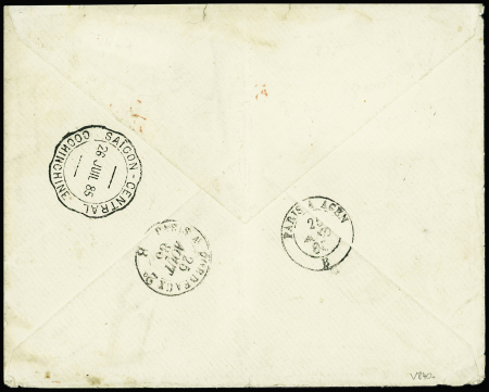 COL.Gen n°27 + 50 obl CAD "Tonkin corps EXPEDITre" (13 juil 85) sur lettre recommandée avec cachet provisoire noir "Postes et télégraphes Dap. Cau. Tonkin"