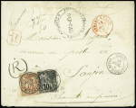 COL.Gen n°27 + 50 obl CAD "Tonkin corps EXPEDITre" (13 juil 85) sur lettre recommandée avec cachet provisoire noir "Postes et télégraphes Dap. Cau. Tonkin"