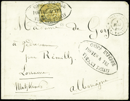 Col. Gen. N°53 obl CAD "Tonquin Haî-Phong" (1 mai 1884) + cachet ovale noir "Corps EXPEDre postes & tel Namdinh Tonkin", sur lettre, 1ère date vue