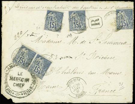 COL. Gen. N°51, 5 pièces, obl CAD "Ninh-Binh Tonkin" (1888) sur lettre recommandée avec cachet noir  "Infirmerie ambulance de Ninh-Binh"