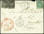 France n°75 + 89 en paire obl CAD "Lang-Son Tonkin" (1893) sur lettre recommandée pour la Belgique avec cachet rouge