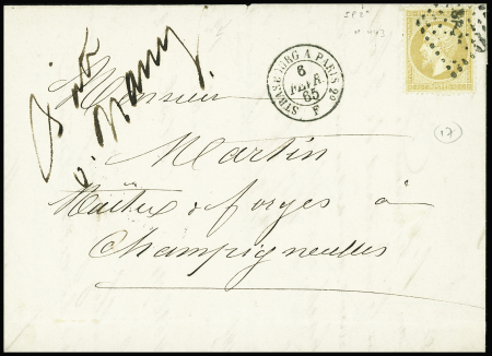 N°21 obl. losange de points "SP 2°" + CAD ambulant "Cherbourg à Paris 2°" (1865) sur lettre avec mention manuscrite "Boite de Nancy". TB