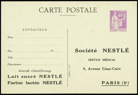 CP 40c Paix lilas TSC société Nestlé avec au verso illustration "Le bébé Nestlé fait l'admiration de tous" (PAI A5a) neuve. RR et TB, cote 1850€