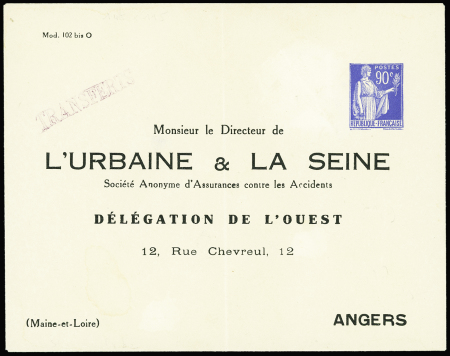 Env. 90c Paix Outremer TSC Urbaine Seine délégation de l'Ouest Angers (PAI F4 B1) neuve. TB. Cote 450€