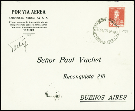 12.9.1929 Comodoro Rivadavia - Buenos Aires (Muller n°46 Argentine) avec signature de Paul Vachet. RR et TB