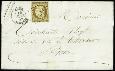 N°1 10c bistre-jaune OBL PC 3716 + T15 "Bone Algérie" (1852) sur lettre locale. TB. Cote 775€