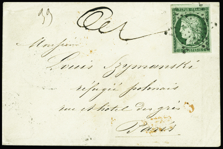 N°2, 15c vert, nuance profonde, sur lettre adressée à Louis Szymanski, réfugié polonais, à Paris, certificat la Royal Philatelic Society of London