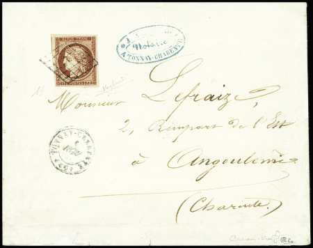 N°6, 1F carmin, OBL grille + T15 "Tonnay - Charente (15)" (1850) sur lettre pour Angoulême. TB. Signé Claves. Cote 1700€