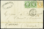 N°12, 2 pièces + 16 obl. PC 2855 + T15 Sedan (1862) sur lettre pour Turin. TB