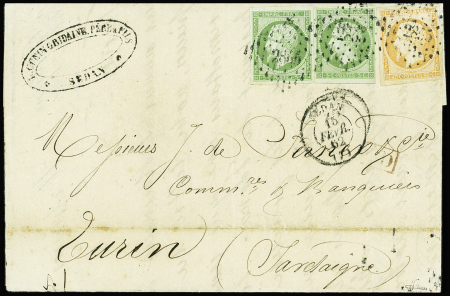 N°12, 2 pièces + 16 obl. PC 2855 + T15 Sedan (1862) sur lettre pour Turin. TB