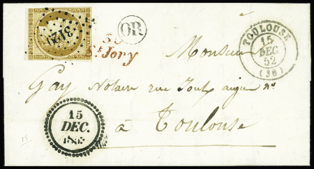 N°1 leg touché en bas à gauche obl. PC 3129 + cursive rouge "30 St Jory" + "OR" + dateur B + T15 "Toulouse (30)" (1850) sur lettre pour la même circonscription