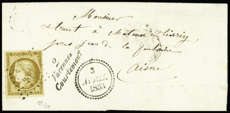 N°1 obl. PC + cursive "2 Varennes Courtemont" + dateur B (3 avril 1853) sur lettre relevée dans une boite rurale rattachée à une distribution, signé Calves