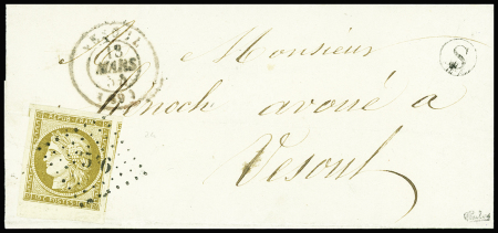 N°1B, 10c bistre-verdâtre obl. PC 3546 + T15 Vesoul (1854) sur lettre avec boite rurale "S", sup, signé Calves, certificat Cérès