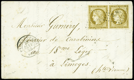 N°1, 10c bistre-jaune en paire obl. PC 2386 + T15 "Passy-les-Paris" (1853) sur lettre au tarif militaire à un soldat du 18e Léger à Limoges. RR et sup