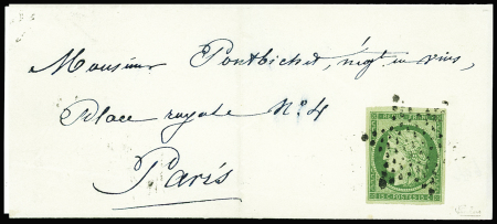 N°2 15c vert, obl. Étoile muette sur lettre de Paris pour Paris (au verso 8 mai 1852), sup, signé Calves, cote 1850€