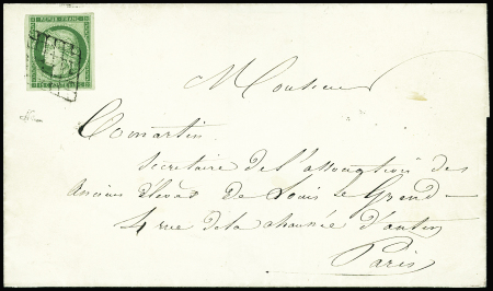 N°2, 15c vert, obl grille sur lettre de Paris pour Paris (au verso arrivée 28 fev 1851), signé JF Brun, sup