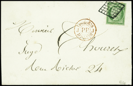 N°2, 15c vert, obl. Grille sur lettre avec cachet de levée rouge "J PP J", au verso arrivée Paris 15 aout 1850, sup, cote 1850€, signé Calves