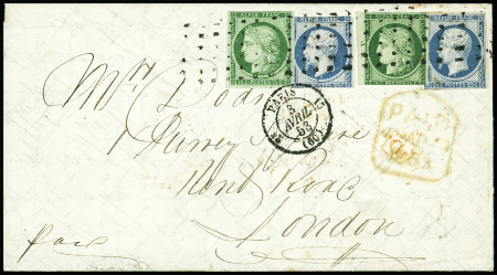 N°2, 15c vert, 2 pièces (1 TB, l'autre touchée) + n°10, 2 pièces (1 ex TB, l'autre touché), obl. Gros points + CAD "3e Paris 15 n(60)" (1853)