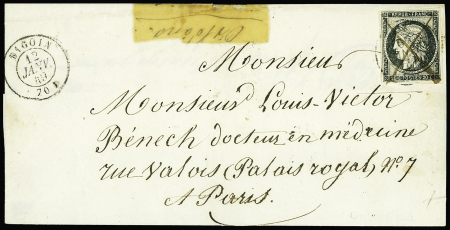 N°3, 20c noir obl. T15 "Digoin (70)" (12 janv 49) répété à côté + croix à la plume sur lettre, consolidation par un scotch sinon sup