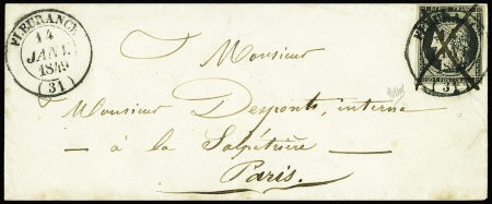 N°3 obl. T14 "Fleurance (31)" (14 janv 1849) répété à côté + croix à la plume. RR et sup, cote 3750€