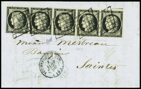 N°3, bande de 5 + T15 "Rochefort-s-Mer (16)" (4 janv 50) sur lettre du 3ème échelon pour Saintes, RR et sup