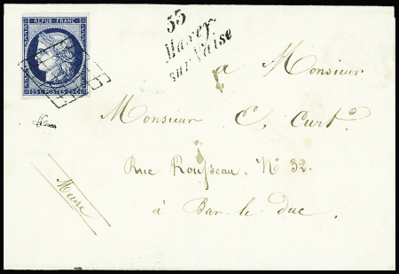 N°4 obl. Grille + cursive "53 Maxey sur vaise" sur lettre pour Bar-le-Duc, certificat JF Brun. Sup