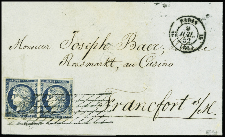 N°4 en paire obl. Grille sans fin + CAD "2e Paris 15 (60)" sur lettre pour Francfort du 1er échelmon AFF à 50c, signé Calves. Rare et sup