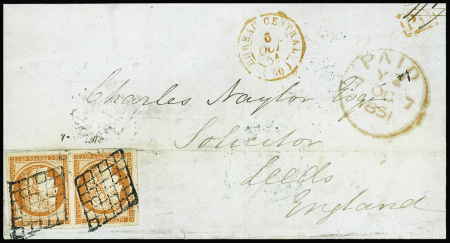 N°5, en paire avec 4 grandes marges équilibrées, obl. Grille + T15 rouge "Bureau central (60)" (6 oct 51) sur lettre pour Leeds (GB) avec CAD rouge
