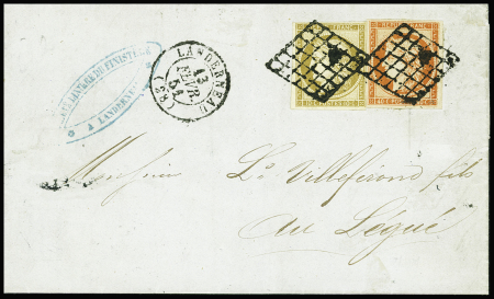 N°1 + 5 obl grille + T15 "Landerneau (28)" (1851) sur lettre du 2ème échelon, RR et sup