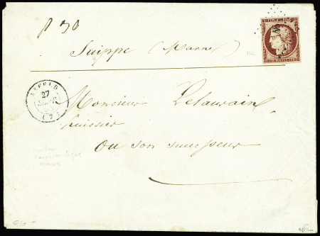 N°6, 1F rouge cerise, obl. PC 146 + T15 "Asfeld (7)" (1853) sur lettre du 3ème échelon, signé Calves et JF Brun, sup