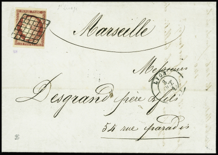 N°6, 1F carmin, obl grille + T15 Lyon (3 oct 1851) sur lettre du 3ème échelon pour Marseille, certificat Philatelia (Papadopoulos), sup, cote 1700€
