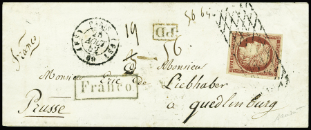 N°6, 1F carmin, obl. Grille sans fin + T15 "(FS) Paris (FS) 60" (1852) sur lettre pour Quedlinburg (Prusse), tarif du 1.1.1828, signé Baudot. RR et sup