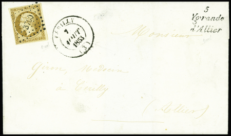 N°9, 10c bistre, obl. PC 3700 + T15 "Cerilly (3)" (1853) + cursive "3 Ygrande d'Allier" sur lettre locale (tarif du 1.4.1830), sup