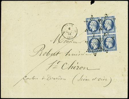 N°10 en bloc de 4 obl. Étoile muette + CAD de route "3e Paris 20 (60)" (1853) sur lettre du 3ème échelon, sup, cote 4900€