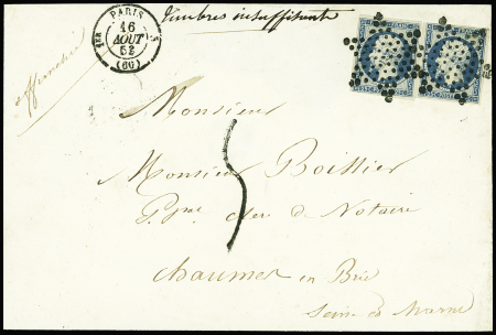 N°10, 2 pièces, obl. Étoile muette + CAD de route "1er Paris 5 (60)" (1853) sur lettre du 3ème échelon avec CAD de route "1er Paris 5" (1853)