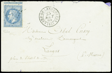 N°29 obl. losange "CLZ" + CAD T15 "Camp de Lannemezan (63)" (1868) sur lettre, ind 32. RR et sup