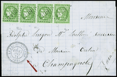 N°42B, 5c vert-jaune obm GC 4499 + T24 Le Lac-ou-Villers (24)" (13 mai 71) sur lettre pour Champagnole. Sup