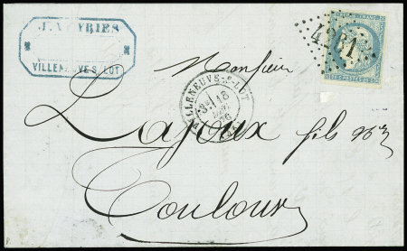 N°44A, 20c bleu report 1, obl GC 4261 + T17 "Villeneuve-s-Lot (45)" (18 dec 70) sur lettre pour Toulouse, sup, cote 1300€